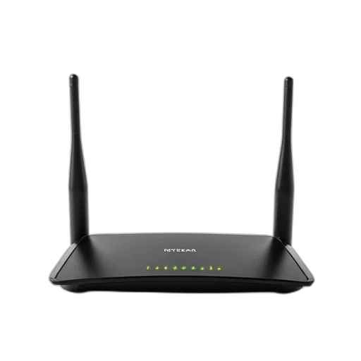 black, netgear, router, two, antennas, displayed, against, white transparent PNG cut-out