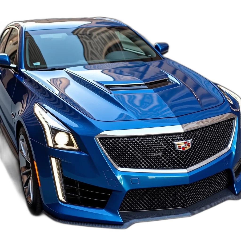 car, 3d render, blue, cadillac, shiny, exterior, parked, street transparent PNG cut-out