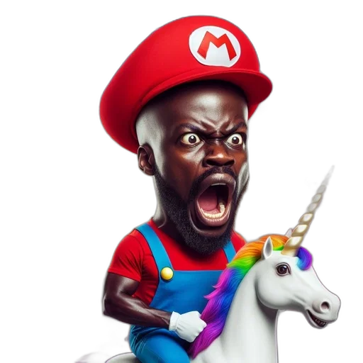 animal, concept art, man, mario-like, cap, rides, colorful, unicorn transparent PNG cut-out