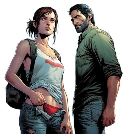 comic book art, concept art, two, individuals, young, female, middle-aged, man transparent PNG cut-out