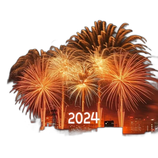 fireworks, illuminate, night, sky, over, cityscape, number, 2024 transparent PNG cut-out