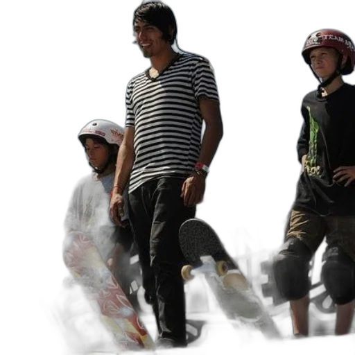 3d render, photorealistic, concept art, group, skateboarders, stand, ramp, one transparent PNG cut-out