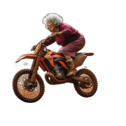 3d render, concept art, photorealistic, elderly, woman, rides, dirt, bike transparent PNG cut-out