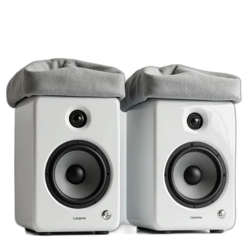 robot, 3d render, photorealistic, pair, white, speakers, grey, cloth transparent PNG cut-out