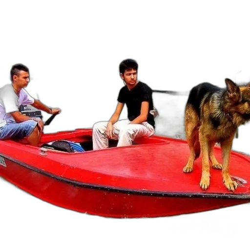 two, men, dog, red, boat, water transparent PNG cut-out