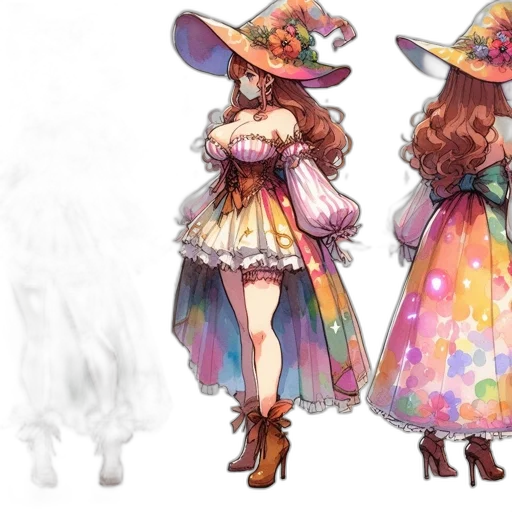 dress, hat, concept art, fantasy art, watercolor, pixel art, pastel, colorful transparent PNG cut-out