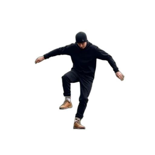 jacket, shoes, hat, creature, concept art, 3d render, person, black transparent PNG cut-out