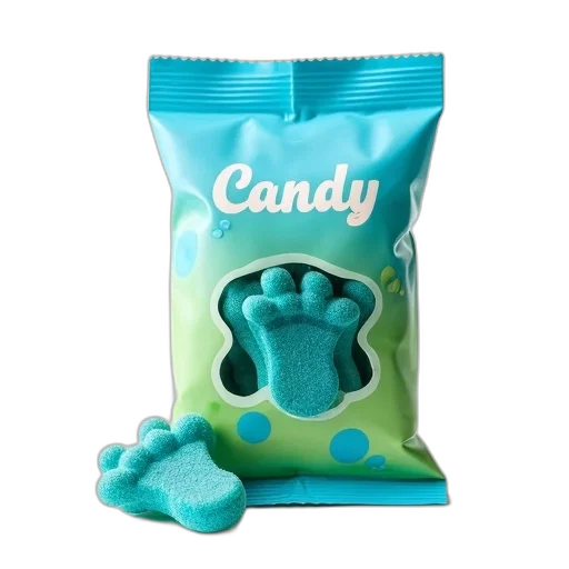 food, 3d render, blue, bag, candy, gummy, candies, green transparent PNG cut-out