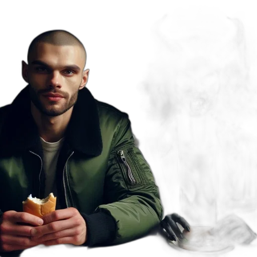 jacket, food, weapon, face, photorealistic, concept art, fantasy art, cyberpunk transparent PNG cut-out