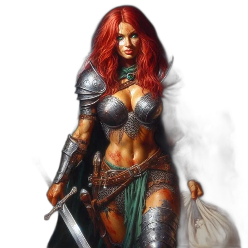 sword, fantasy art, comic book art, concept art, pixel art, red, woman, vivid transparent PNG cut-out