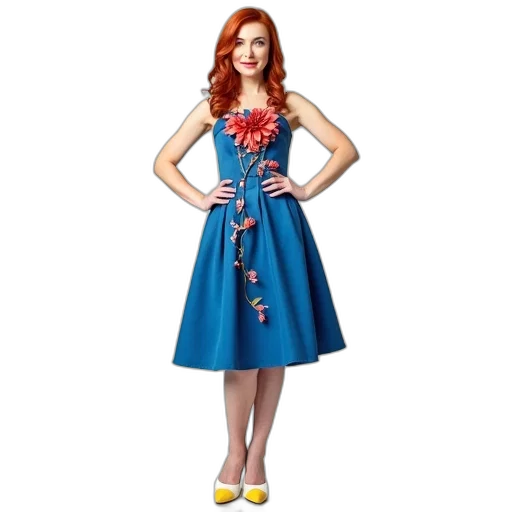 dress, cartoon, blue, woman, red, hair, wearing, floral transparent PNG cut-out