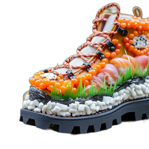 shoes, food, 3d render, photorealistic, boot, adorned, sushi, elements transparent PNG cut-out