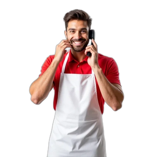 staff, food, man, red, shirt, white, apron, standing transparent PNG cut-out