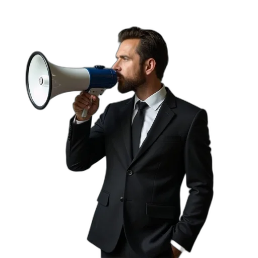 staff, man, suit, using, megaphone, photo transparent PNG cut-out