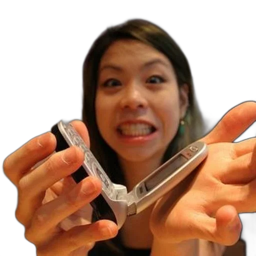 jewelry, woman, holds, old, flip, phone, front, purple transparent PNG cut-out
