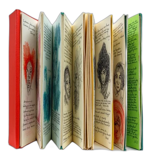 collection, open, sketchbooks, various, colored, pages, each, featuring transparent PNG cut-out
