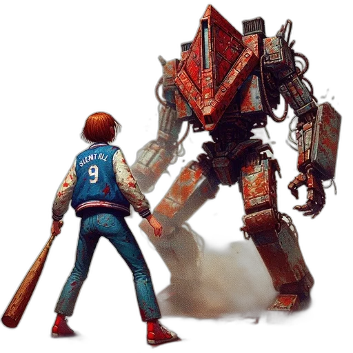 robot, weapon, concept art, fantasy art, comic book art, pixel art, outer space, red transparent PNG cut-out
