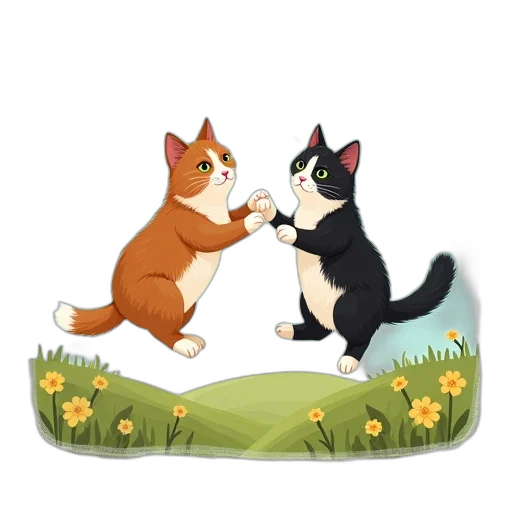 concept art, forest, fire, whimsical, illustration, two, cats, one transparent PNG cut-out