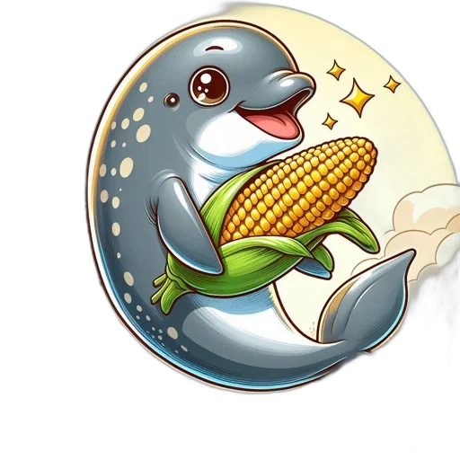 pixel art, concept art, fantasy art, cartoon, dolphin, joyfully, holds, corn transparent PNG cut-out