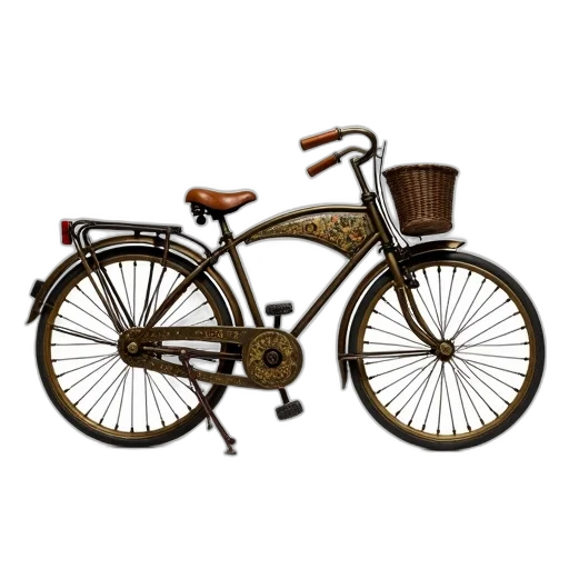 photorealistic, 3d render, concept art, earth tones, vintage, bicycle, basket, front transparent PNG cut-out