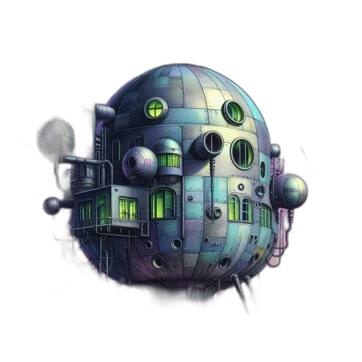 robot, building, concept art, 3d render, fantasy art, cyberpunk, outer space, green transparent PNG cut-out