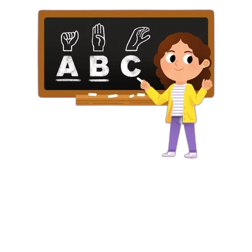 3d render, cartoon, girl, teaches, sign, language, children, alphabet transparent PNG cut-out