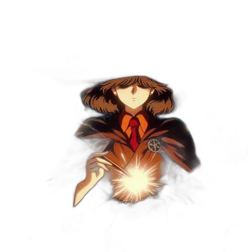 jacket, staff, mask, hair, concept art, anime, pixel art, fantasy art transparent PNG cut-out
