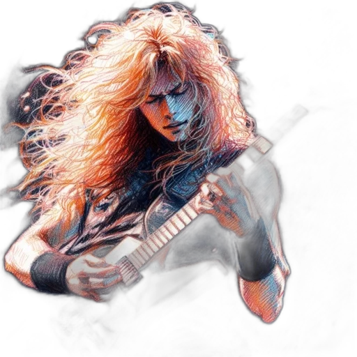 hair, photorealistic, fantasy art, comic book art, watercolor, guitarist, fiery, orange transparent PNG cut-out