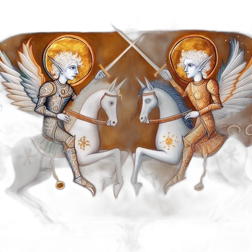 fantasy art, concept art, pixel art, comic book art, golden, two, winged, figures transparent PNG cut-out