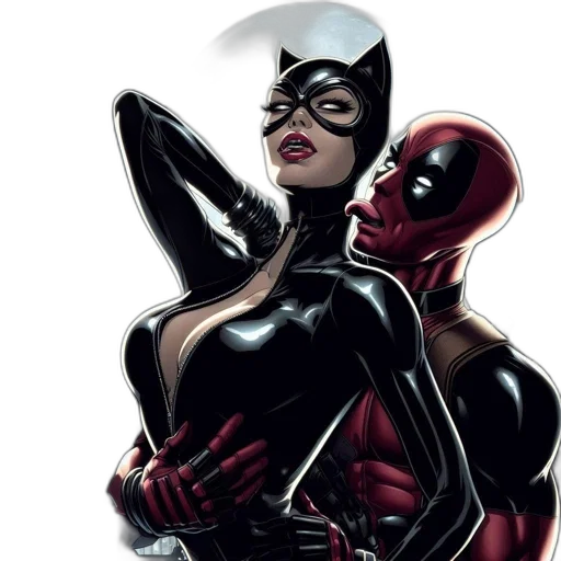comic book art, concept art, urban, scene, night, catwoman, deadpool, share transparent PNG cut-out