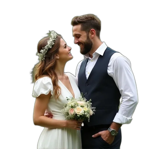 dress, man, woman, standing, close, together, smiling, looking transparent PNG cut-out