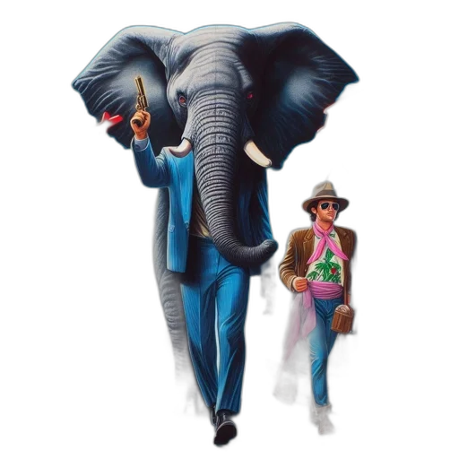 animal, jacket, concept art, pixel art, 3d render, comic book art, elephant, wearing transparent PNG cut-out