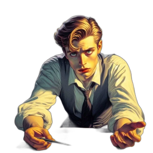 staff, face, comic book art, concept art, photorealistic, cartoon, young, man transparent PNG cut-out