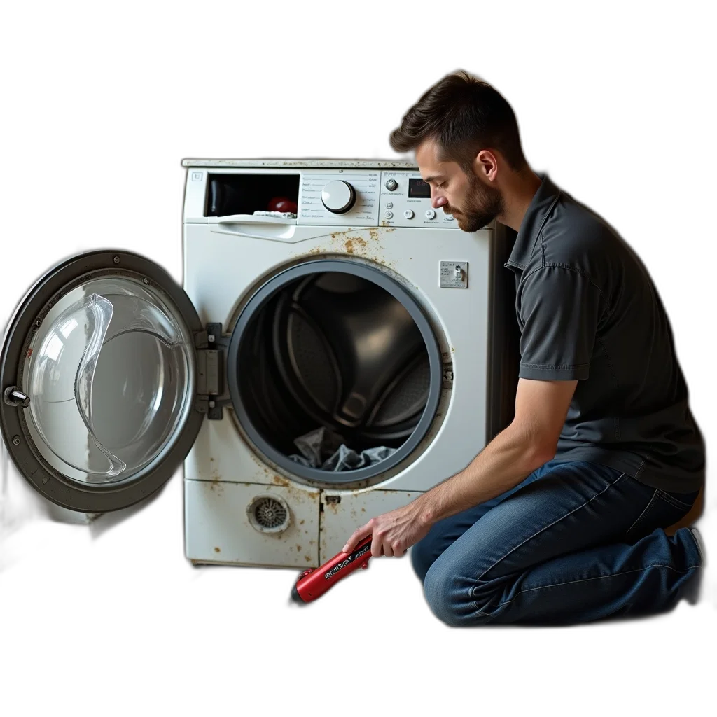 robot, man, kneeling, floor, working, broken, washing, machine transparent PNG cut-out