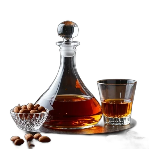 bottle, 3d render, photorealistic, sleek, glass, decanter, filled, amber transparent PNG cut-out