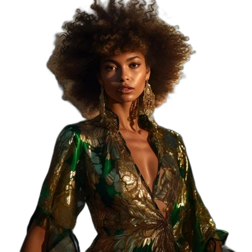 dress, jacket, jewelry, hair, earth tones, green, golden, woman transparent PNG cut-out