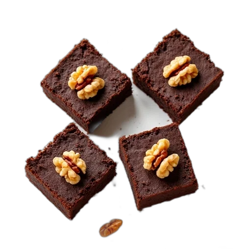 food, four, pieces, chocolate, cake, walnuts, arranged, white transparent PNG cut-out