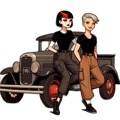car, cartoon, pixel art, concept art, comic book art, city street, two, female transparent PNG cut-out