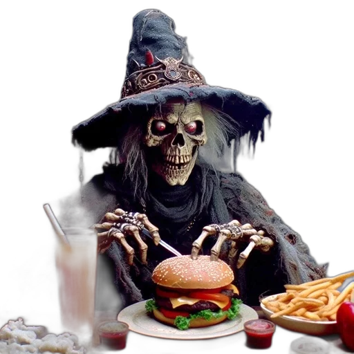 food, creature, concept art, 3d render, photorealistic, skeletal, figure, witch transparent PNG cut-out