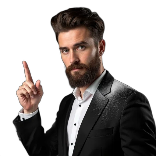 jacket, hair, staff, face, man, beard, mustache, pointing transparent PNG cut-out