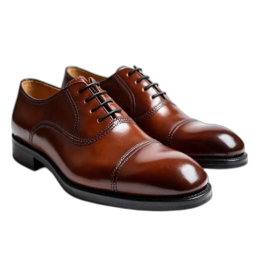 shoes, photorealistic, pair, shiny, new-looking, brown, leather, smooth transparent PNG cut-out