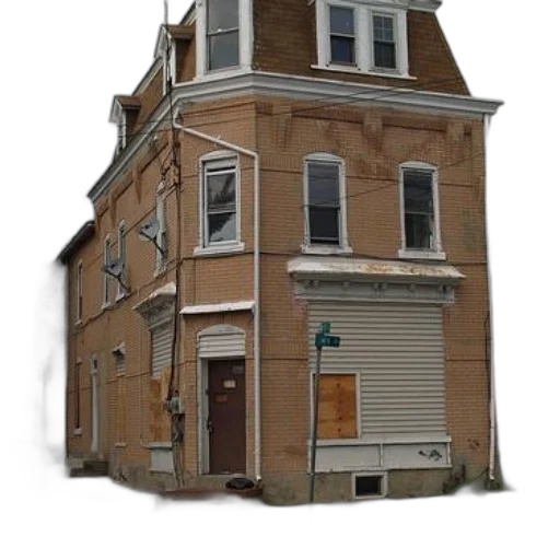 building, furniture, 3d render, photorealistic, city street, weathered, brick, boarded-up transparent PNG cut-out