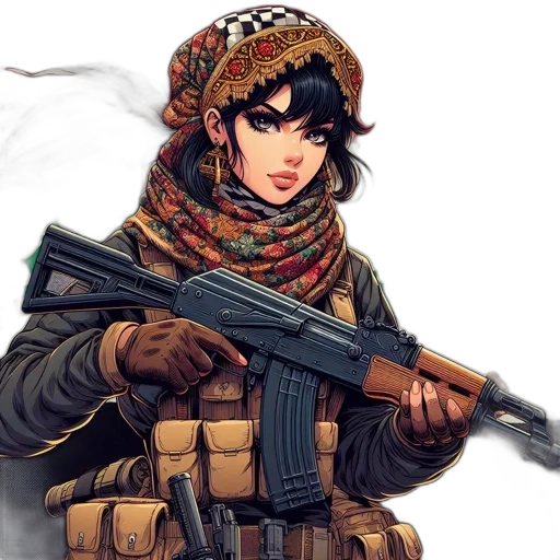 weapon, comic book art, concept art, fantasy art, anime, earth tones, woman, wears transparent PNG cut-out