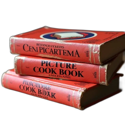 furniture, stack, three, vintage, cookbooks, placed, wooden, surface transparent PNG cut-out