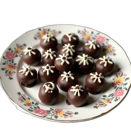 food, crown, 3d render, photorealistic, plate, chocolate, truffles, white transparent PNG cut-out