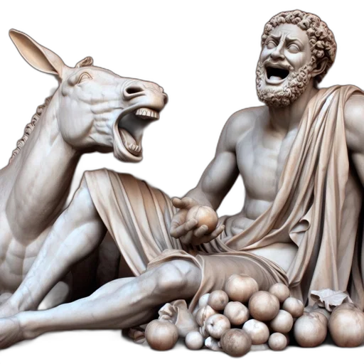 photorealistic, classical, sculpture, features, two, mythical, beings, laughing transparent PNG cut-out