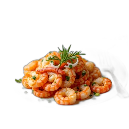 food, photorealistic, 3d render, plate, shrimp, dish, garnished, onions transparent PNG cut-out