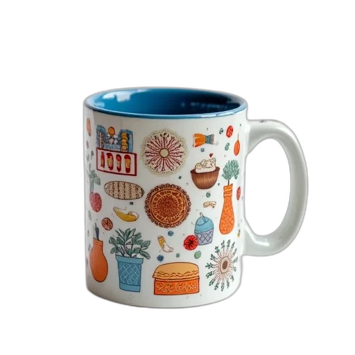 photorealistic, white, ceramic, mug, blue, rim, handle, featuring transparent PNG cut-out