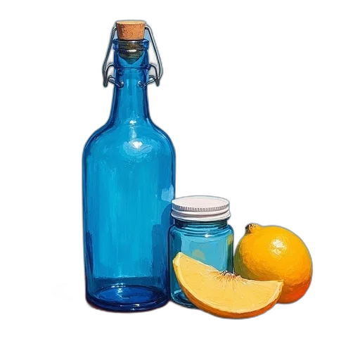 bottle, food, weapon, photorealistic, blue, painting, cork, top transparent PNG cut-out