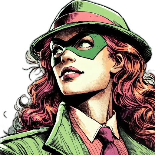 hat, comic book art, cartoon, concept art, photorealistic, green, female, character transparent PNG cut-out